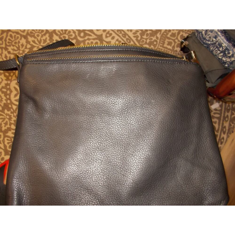 Margot Dark Gray Pebbled Leather Double Zip Crossbody Bag Womens Minimalist